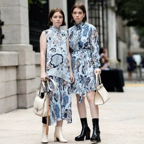 Tory Burch Margaret Blue Floral Plaid Silk Patchwork Pleated Midi Dress 14 - Picture 3 of 12